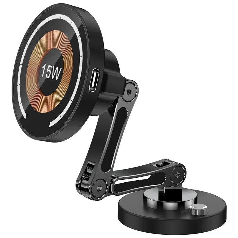 Showlu Smart Magnetic Car Wireless Charger Phone Holder with 15W fast charging, holding a smartphone securely in a car.