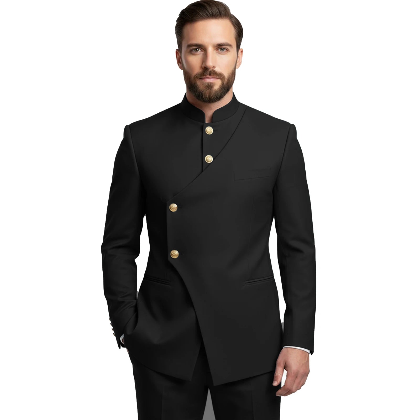 Chinese Suit Men 2 Piece Tunic Suits Slim Fit Safari Suits for Men Mandarin Collar Suit Blazer Pants Set