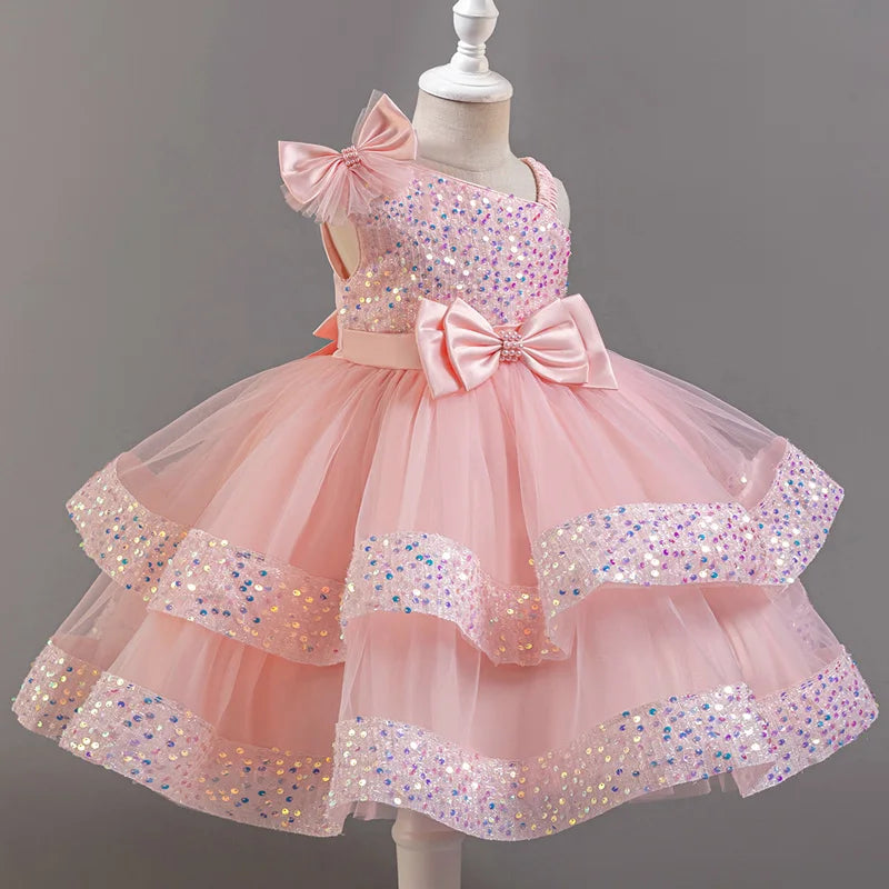 Doveark Girls sequin flower girl dress, sleeveless ball gown with floral accents, perfect for parties and special occasions.
