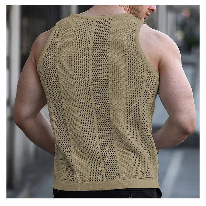 Slim knit men's tank top by DUTRIEUX, sleeveless summer vest with hollow design, shown in black on a model