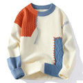 Men's knitted patchwork sweater with long sleeves and O-neck, featuring spliced wool design and slight stretch, casual style.