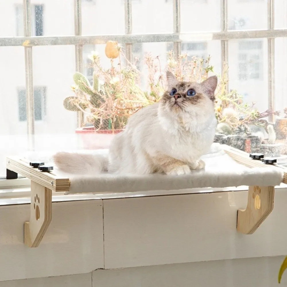 Showlu Wooden Frame Cat Window Hammock with paw print bed, durable design, perfect for cozy feline lounging by the window
