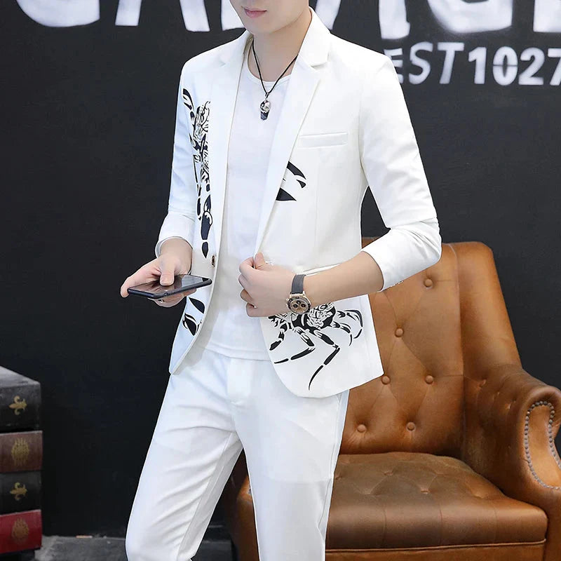 SHOWLU FASHION men's slim fit business casual suit set with blazer and matching trousers, stylish Korean fashion two-piece ensemble