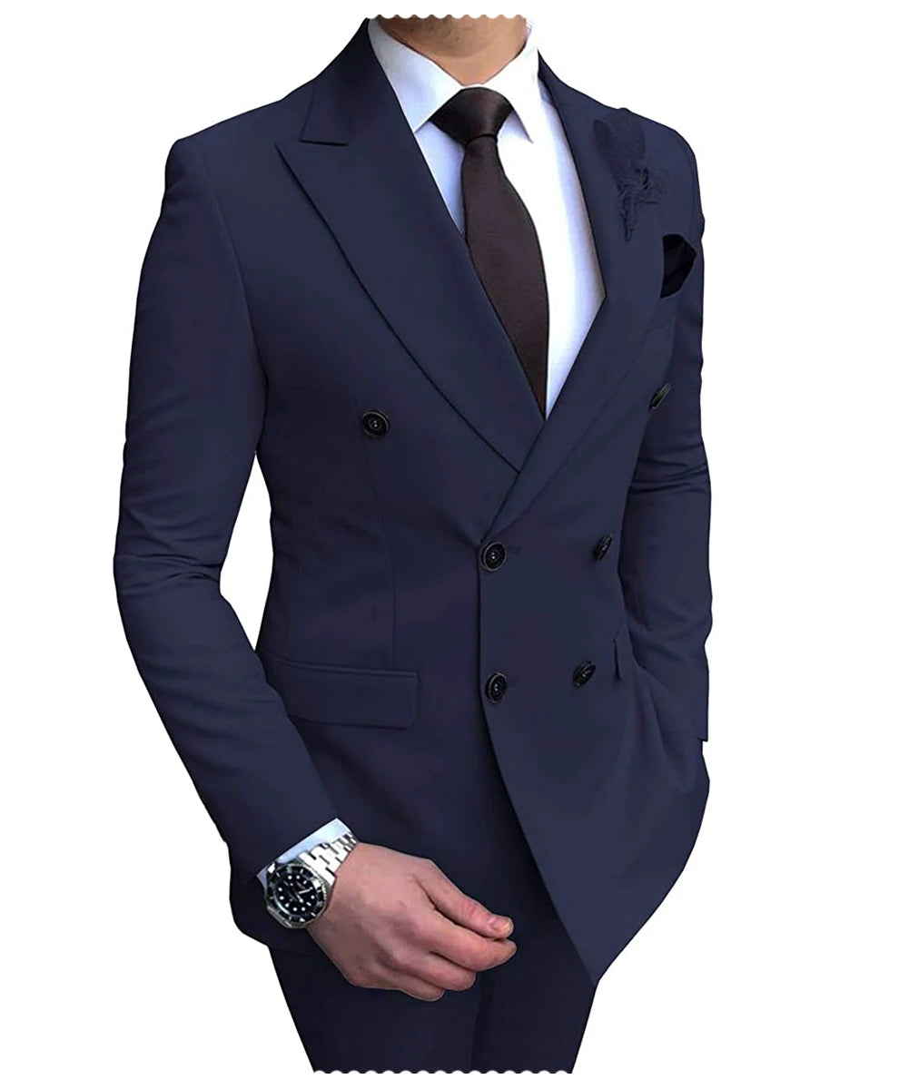 Beige men's 2024 slim fit suit set with double breasted blazer and matching pants, stylish notch lapel, suitable for weddings and casual wear.