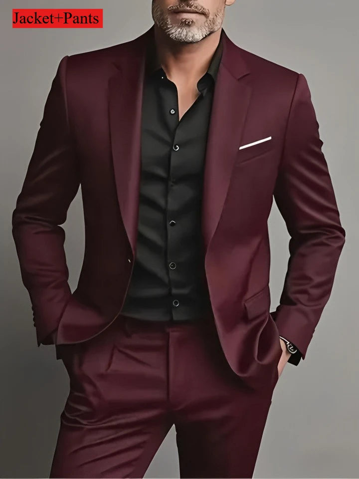 Black men's slim fit tuxedo suit set by Showlu Fashion Store, ideal for weddings and formal occasions, shown on a model.