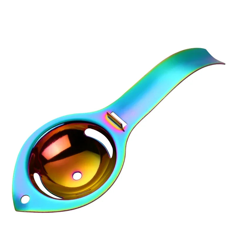 Stainless steel egg yolk and white separator with handle, ideal for baking and cooking kitchen tools, compact egg divider.