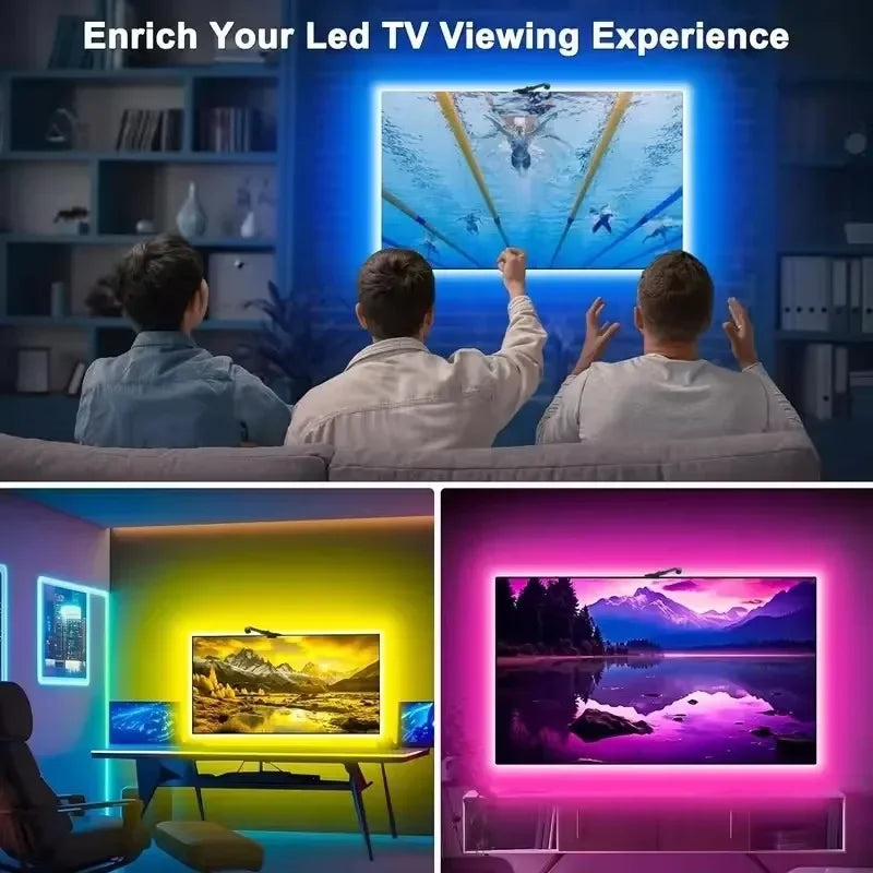 Showlu Smart RGB TV LED backlight strip with color sensor, 5V, installed behind a TV for vibrant, customizable lighting effects.