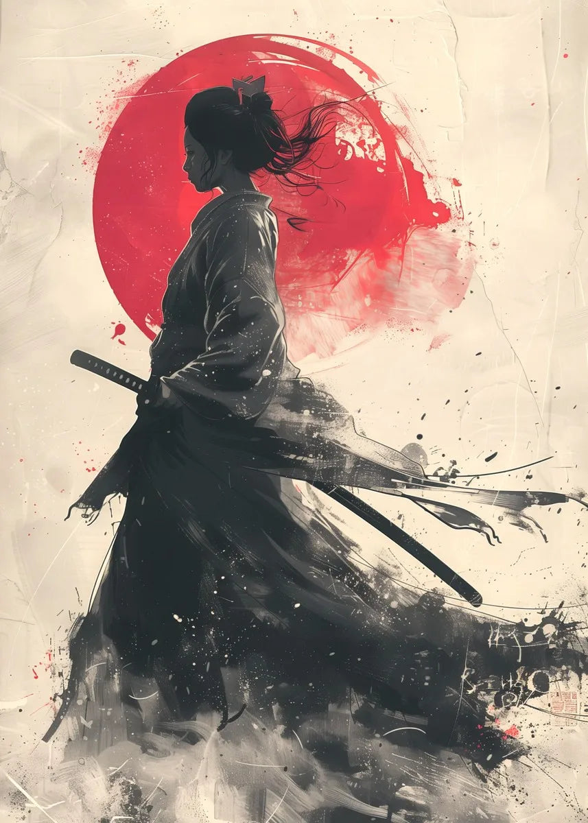 Japanese landscape art poster featuring samurai, geisha, bonsai, torii gate, sakura, and traditional decor on canvas wall print.