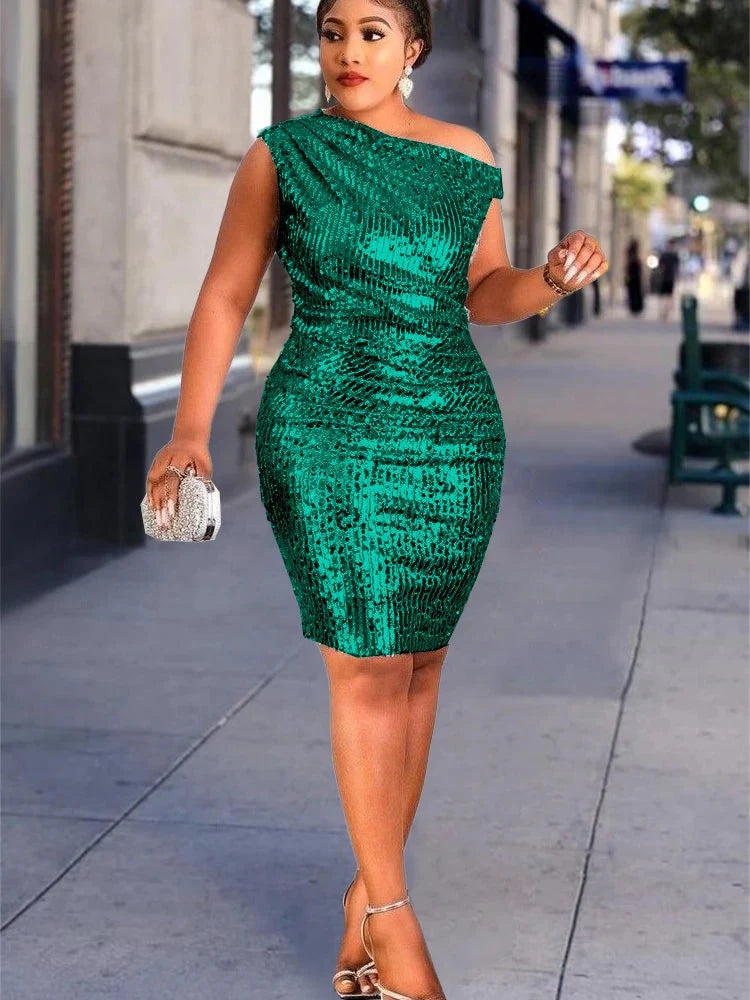 Plus size AOMEI Women's one-shoulder sequin bodycon dress for parties, shown in black with shimmering sequins and fitted silhouette