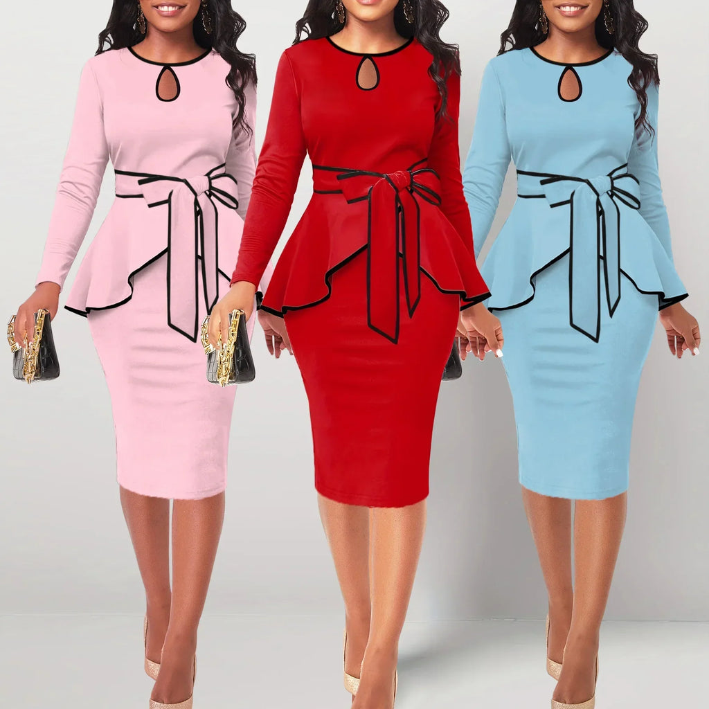 SHOWLU Women's 2-Piece Suit Dress with ruffle top and side slit skirt set, stylish and elegant outfit for women.