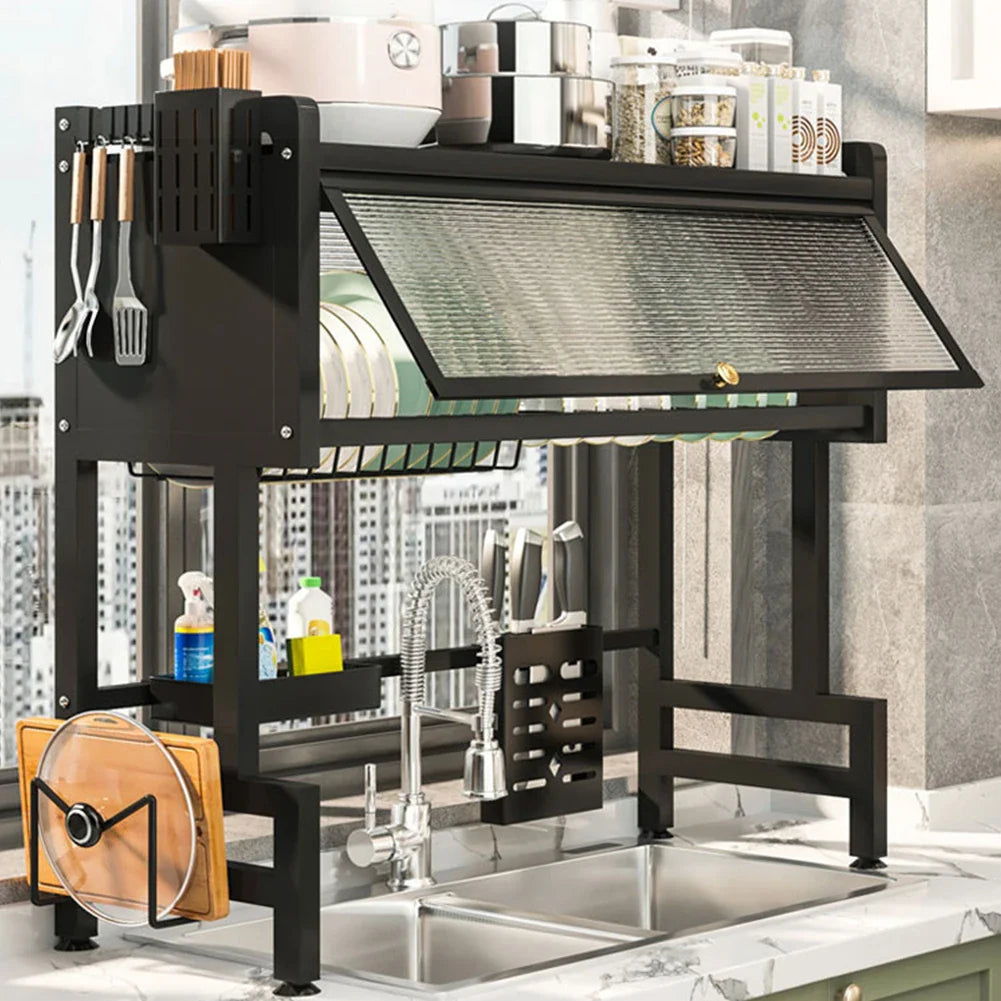 Showlu 3-tier steel over-the-sink dish drying rack with cover and holder, stainless steel kitchen organizer and drainer.
