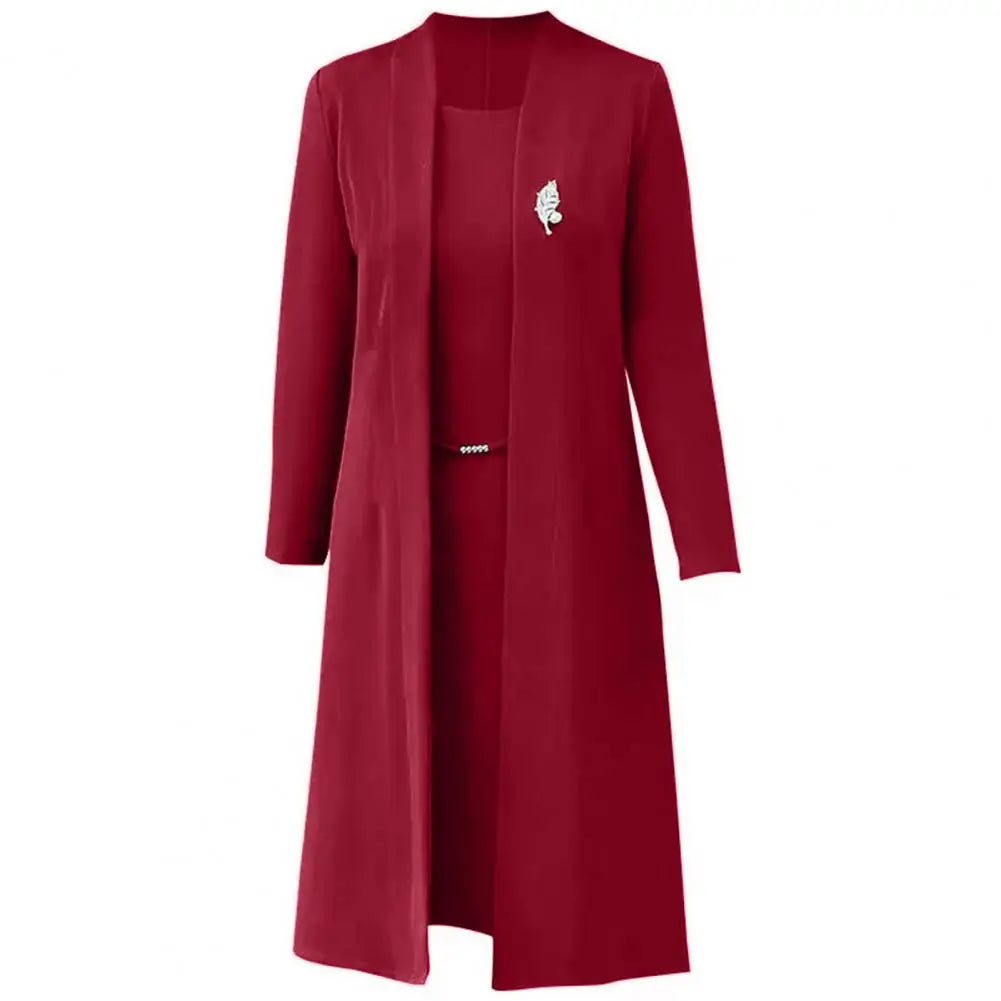 Elegant Women Outfit Tank Dress Coat Suit Spring Fall Solid Color Middle-age Ladies Long Cardigan Cape Dress Set Mom