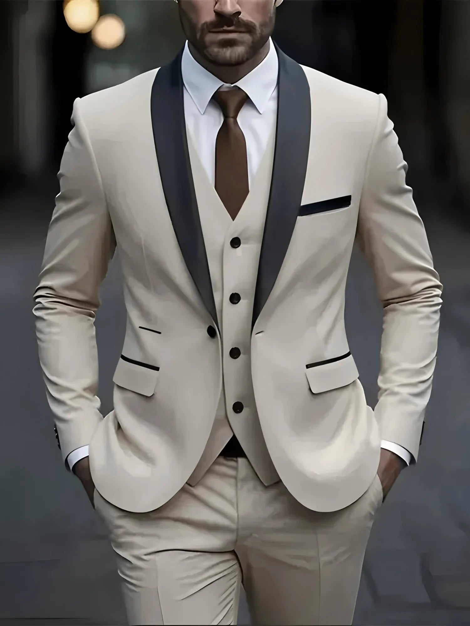 Men's solid color formal suit jacket, vest, and trousers set by Showlu Fashion for business, wedding, or party occasions.
