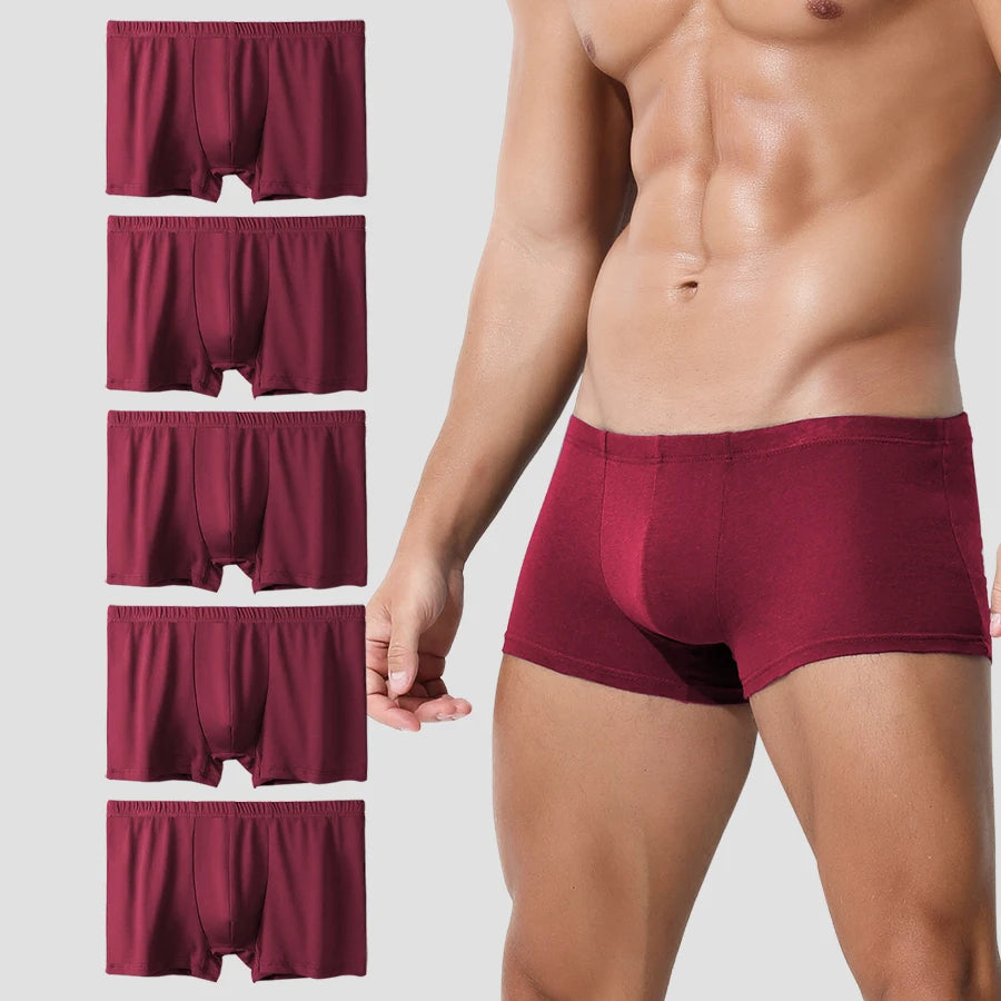 Showlu men's cotton boxer shorts in a set of five, breathable and lightweight summer underwear, shown in various colors.