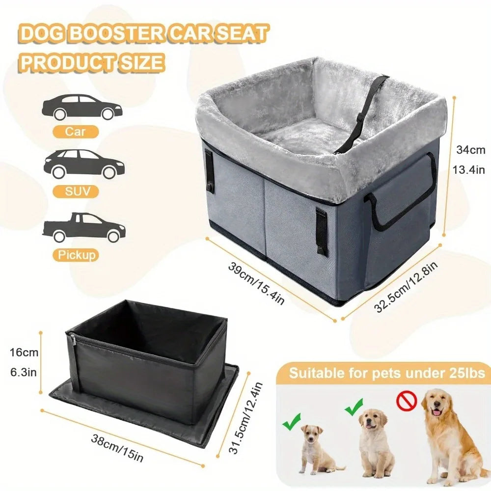 Showlu Portable Dog Booster Seat made of heavy-duty nylon, designed for small dogs to stay secure and comfortable in cars.