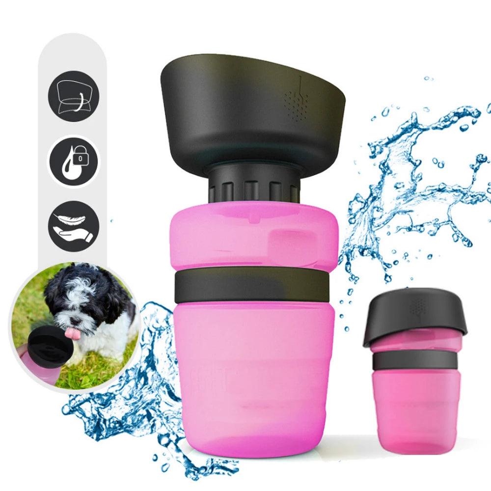 A pink and black portable dog water bottle with a foldable bowl design shown in two sizes.