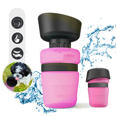 A pink and black portable dog water bottle with a foldable bowl design shown in two sizes.