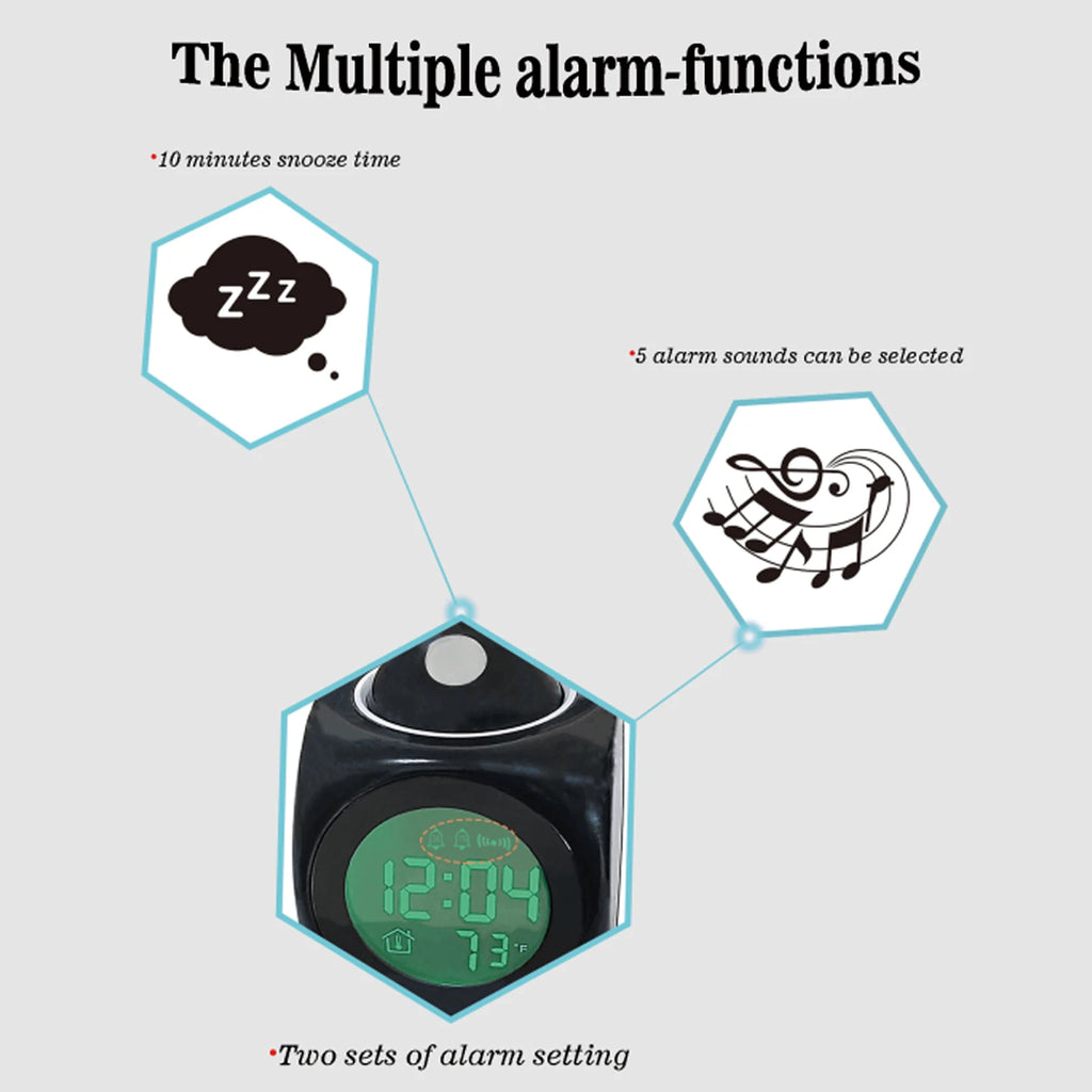 Showlu Smart LED alarm clock with digital LCD display, projector feature, and temperature display for modern bedside use.