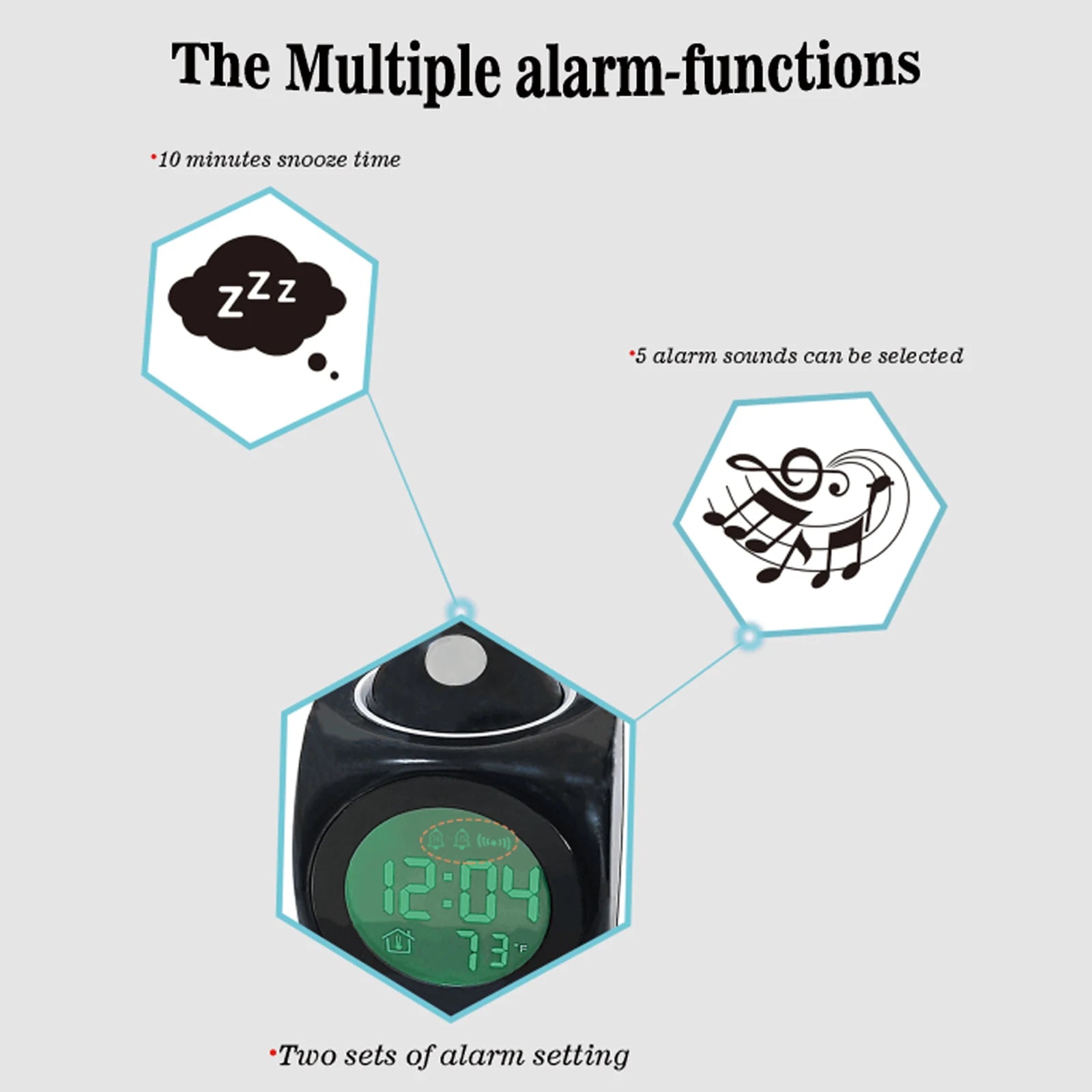 Showlu Smart LED alarm clock with digital LCD display, projector feature, and temperature display for modern bedside use.