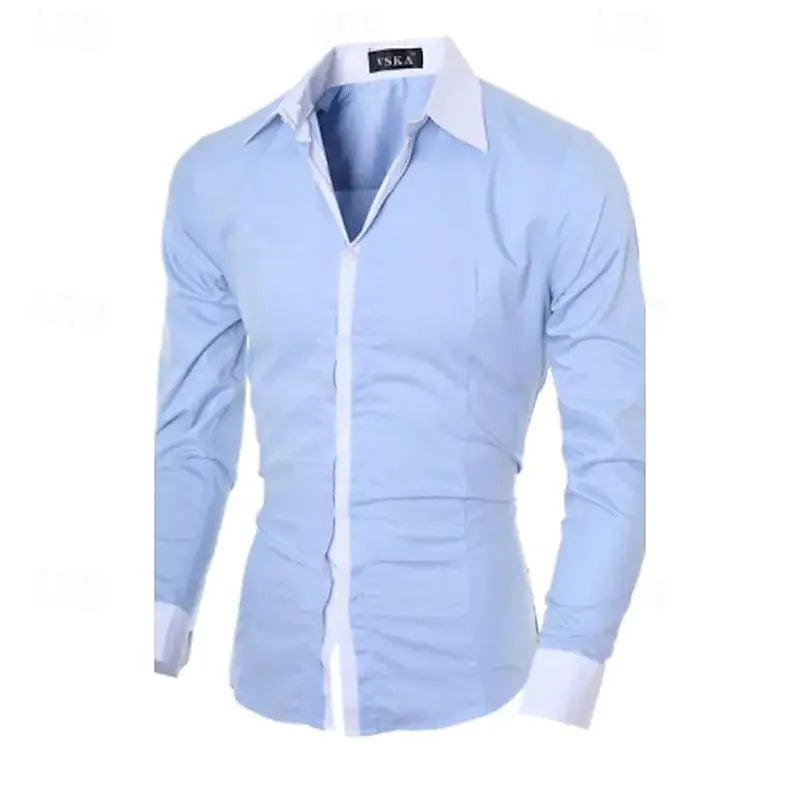 Showlu Fashion men's pink and blue solid color office shirt with lapel, button details, soft fabric, available in XS to 6XL.