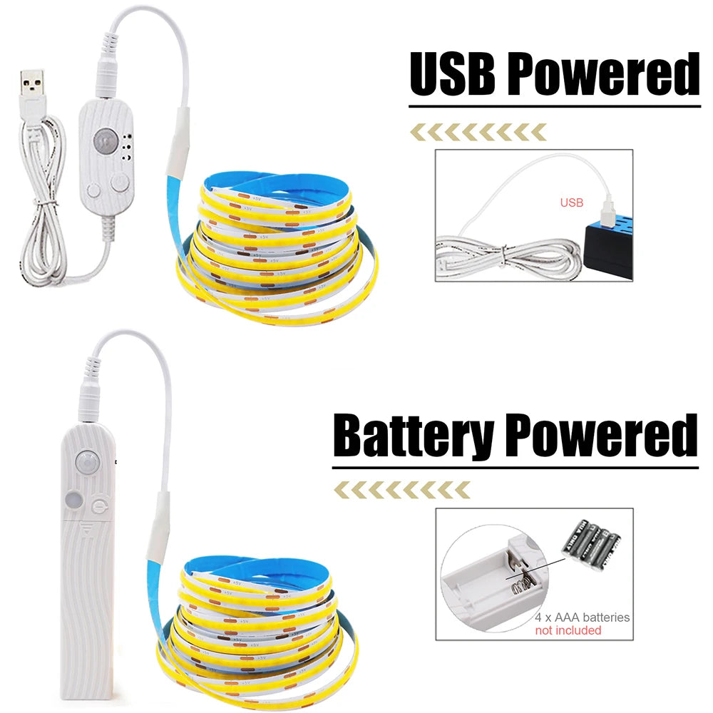 Showlu Smart General motion sensor LED strip light with 5V USB connection, showcasing the flexible, modern LED lighting design.