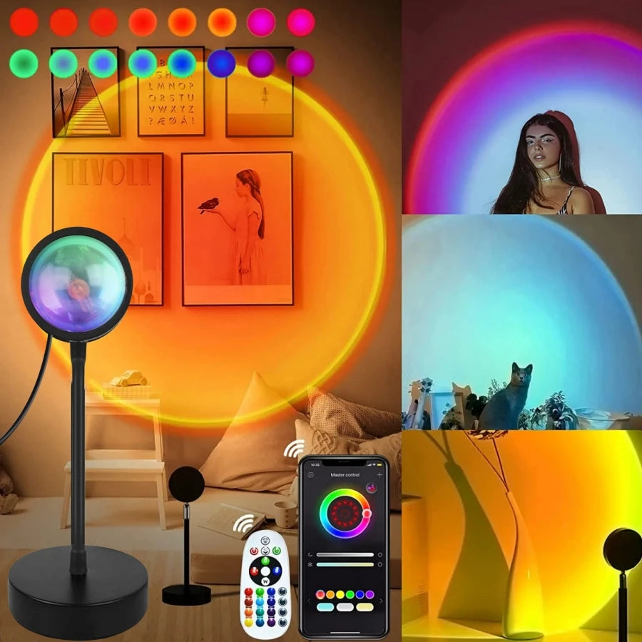 Showlu Fashion Store Smart Sunset Projection Lamp displaying colorful sunset scene on wall with sleek design