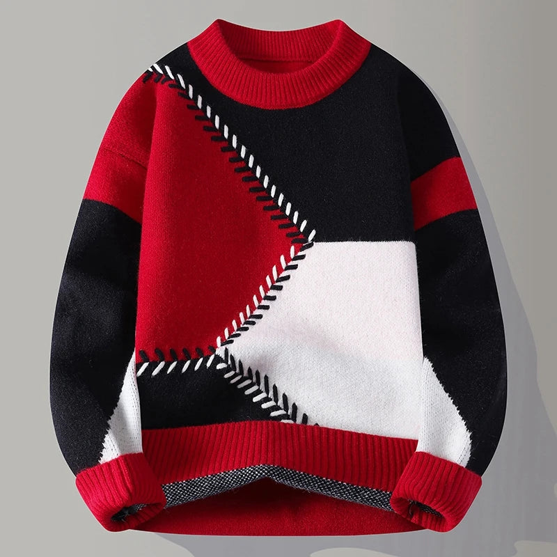 Men's patchwork knit sweater by Showlu Fashion featuring an O-neck, loose fit, warm winter pullover with casual chic style.