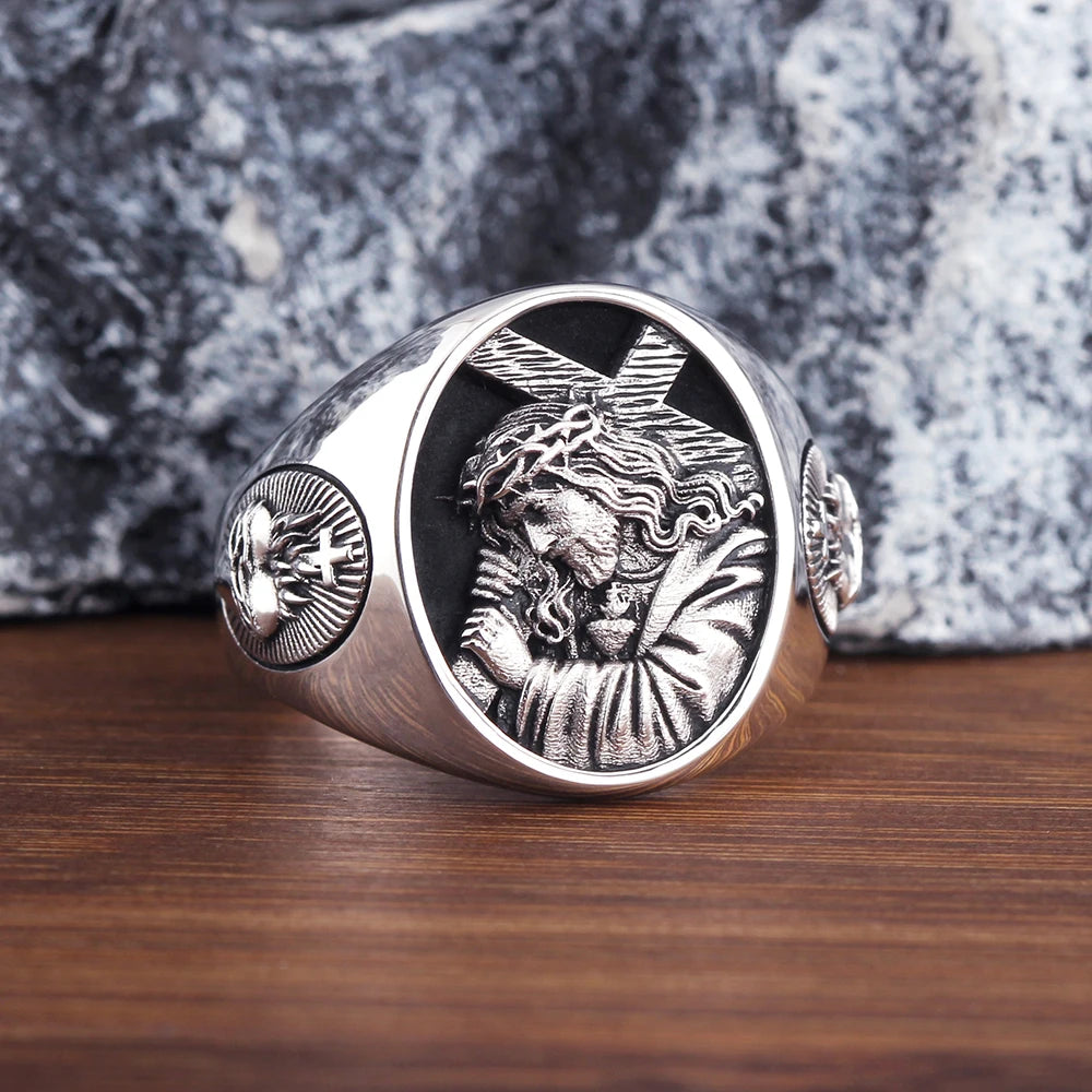 Sterling silver Jesus cross ring by Showlu Fashion Store, featuring religious Christian jewelry design and detailed cross engraving.