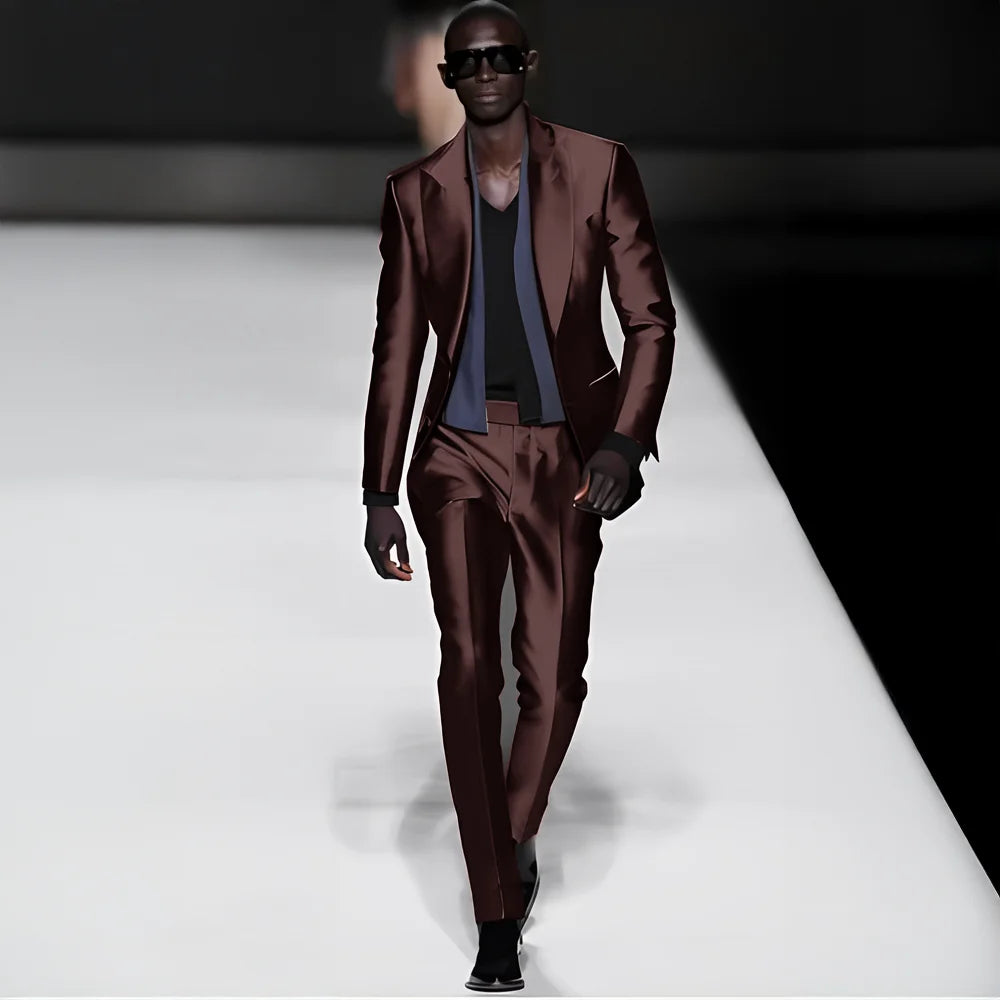 Elegant satin men's 2-piece suit with peak lapel blazer and matching pants, ideal for weddings, parties, and formal events.