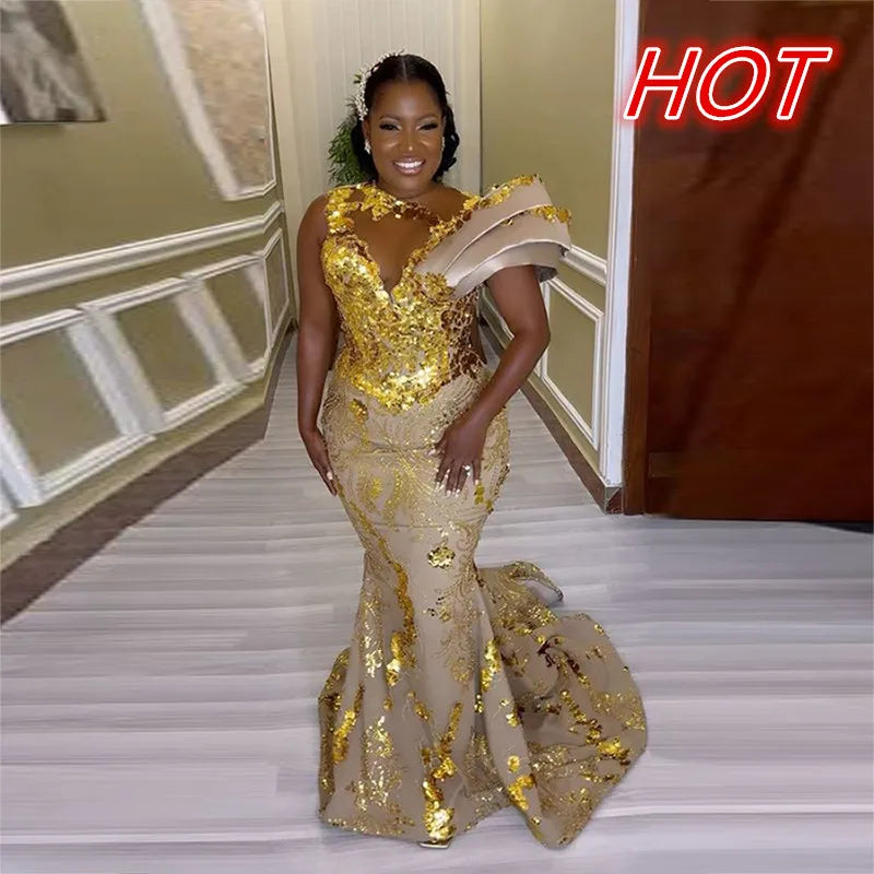 Black mermaid evening gown for women with sweep train, gold accents, plus size, formal party dress, shiny fabric, elegant Aso Ebi style