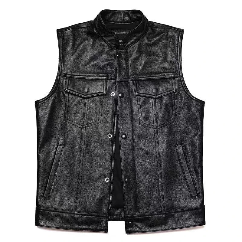 Men's faux leather biker vest with stand collar, designed for autumn and winter, from SHOWLU FASHION STORE.