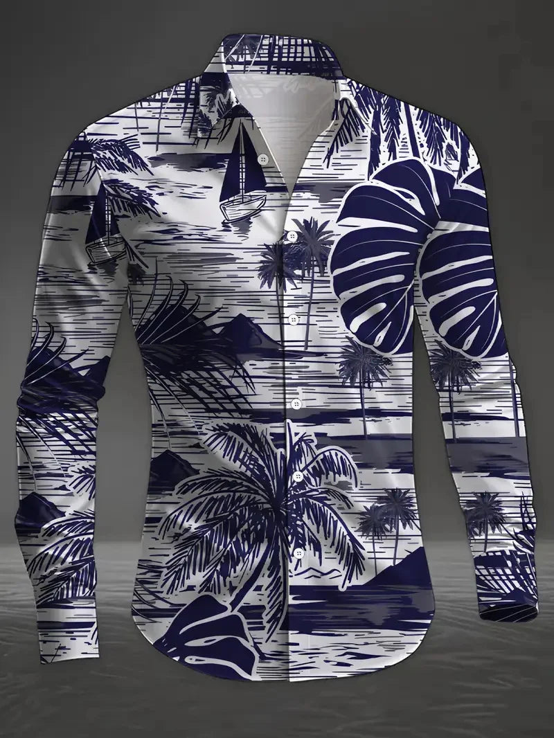 Hawaiian men's long sleeve shirt with 3D printed design, button front, and flip-over collar, stylish street trend clothing by Showlu Fashion