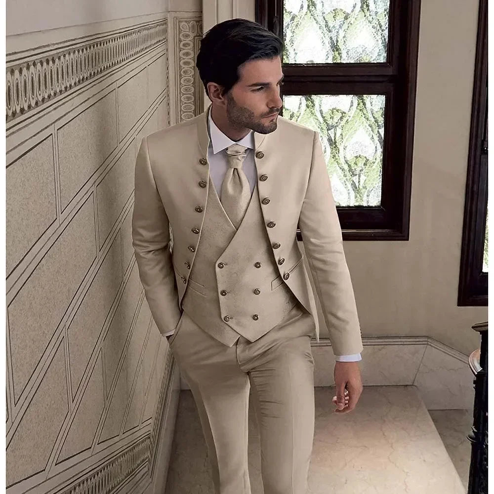Beige men's 3-piece suit with stand collar, double-breasted design, slim fit, suitable for formal, wedding, or casual occasions.