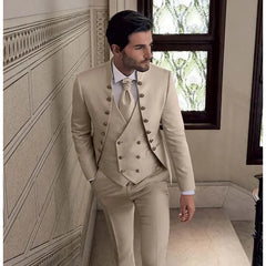 Beige men's 3-piece suit with stand collar, double-breasted design, slim fit, suitable for formal, wedding, or casual occasions.