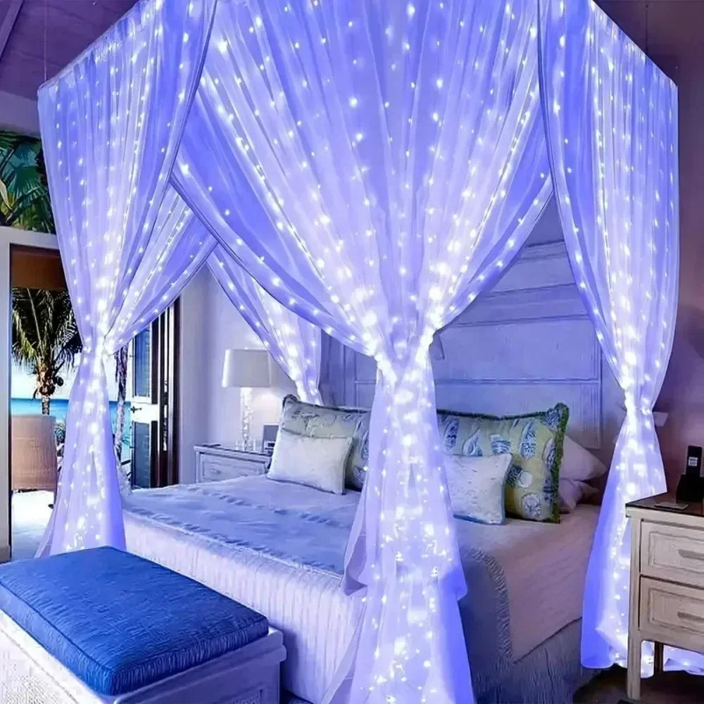 Showlu Smart General LED curtain fairy lights hanging with warm white glow, perfect for decorating windows or rooms.