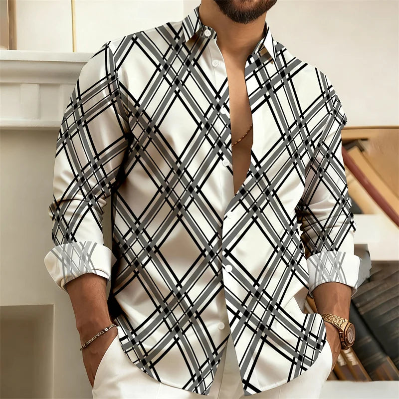 Men's plaid long-sleeved casual shirt by Showlu Fashion, stylish and comfortable top in size S-6XL with trendy design.
