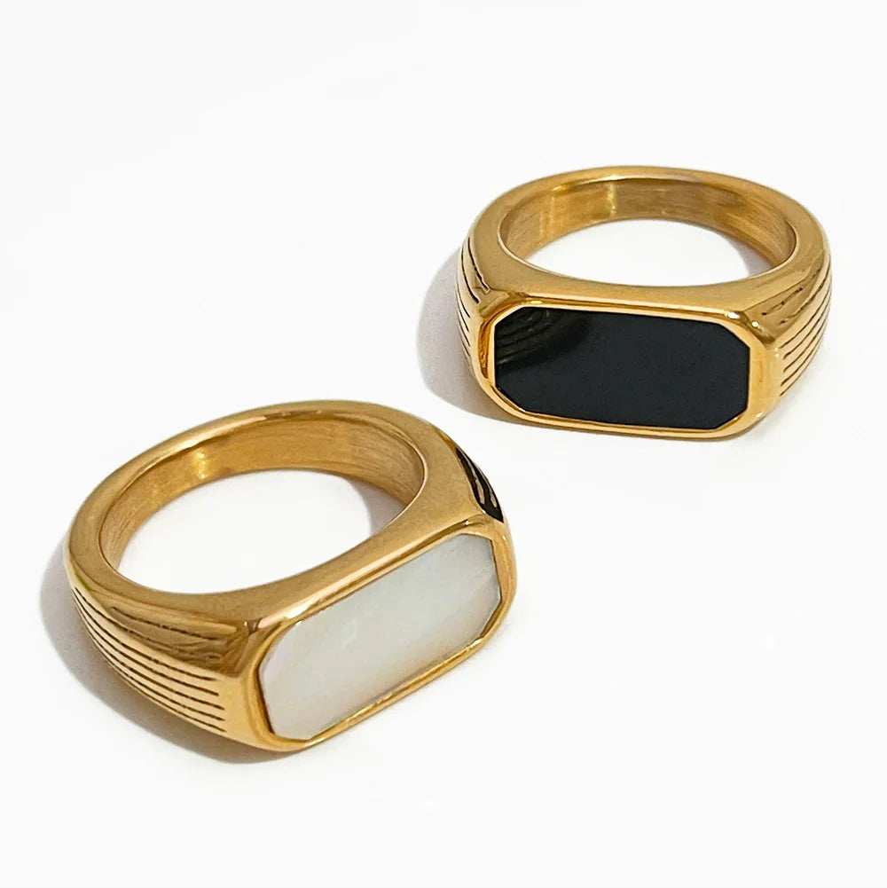 Gold plated stainless steel Peri'sBox Mother of Pearl rectangle ring with elegant design, showcasing a shiny, smooth surface.