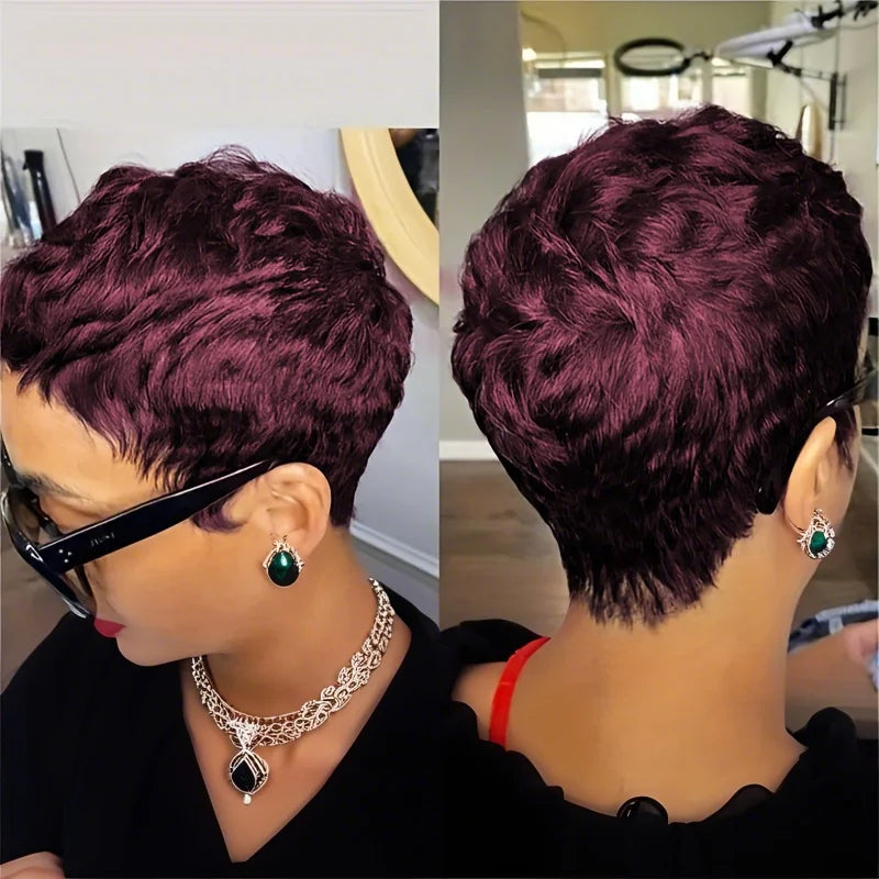 Showlu Fashion 6-inch short pixie cut straight wig with pre-styled bangs, 100% human hair, machine-made, tangle-free, natural hairline