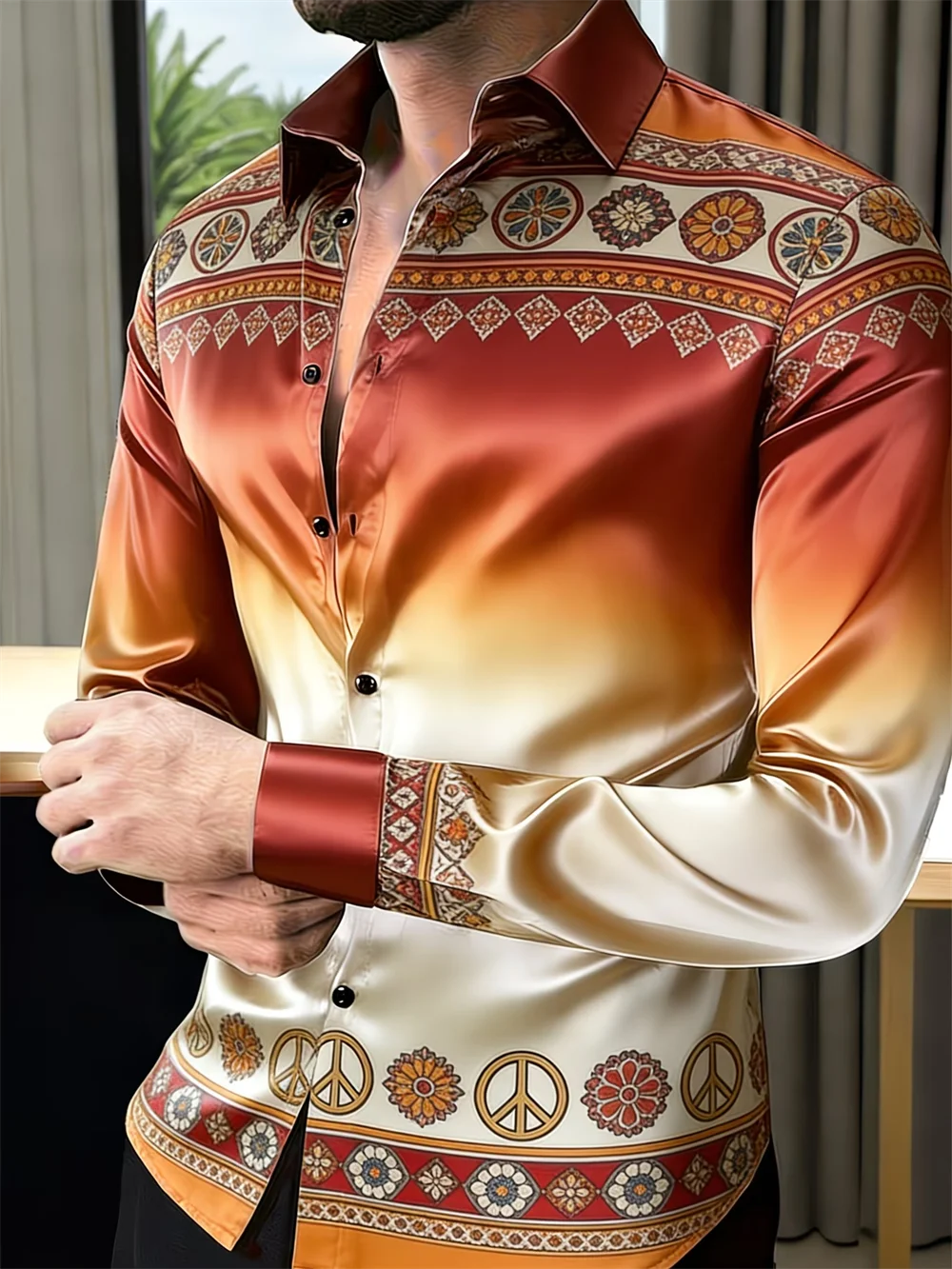 New men's 3D floral printed long sleeved shirt with high-quality patterns, casual long sleeved collar top