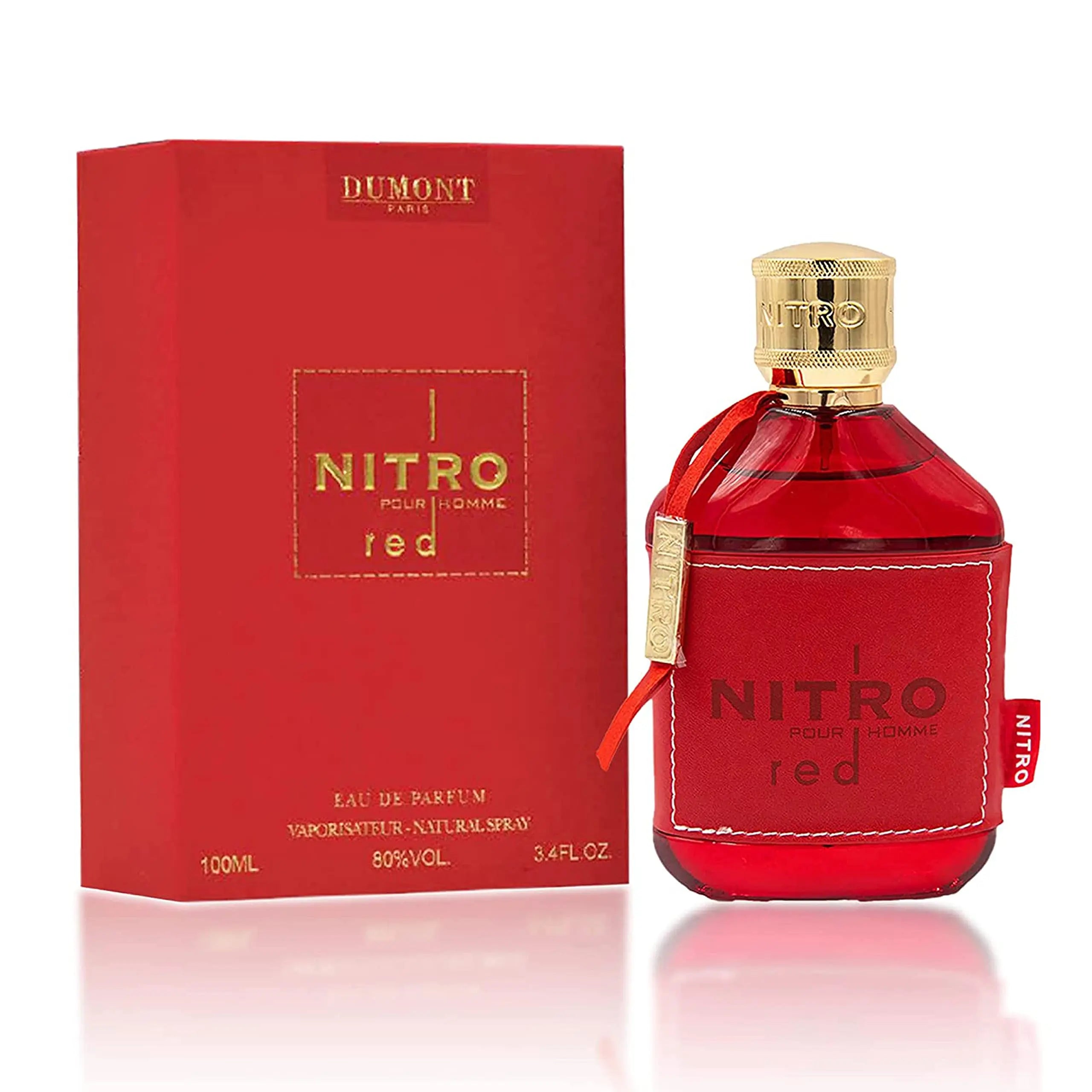 Dumont Nitro Red Eau De Parfum for Men, 3.4oz, woody floral fragrance with sleek bottle design and vibrant red accents.