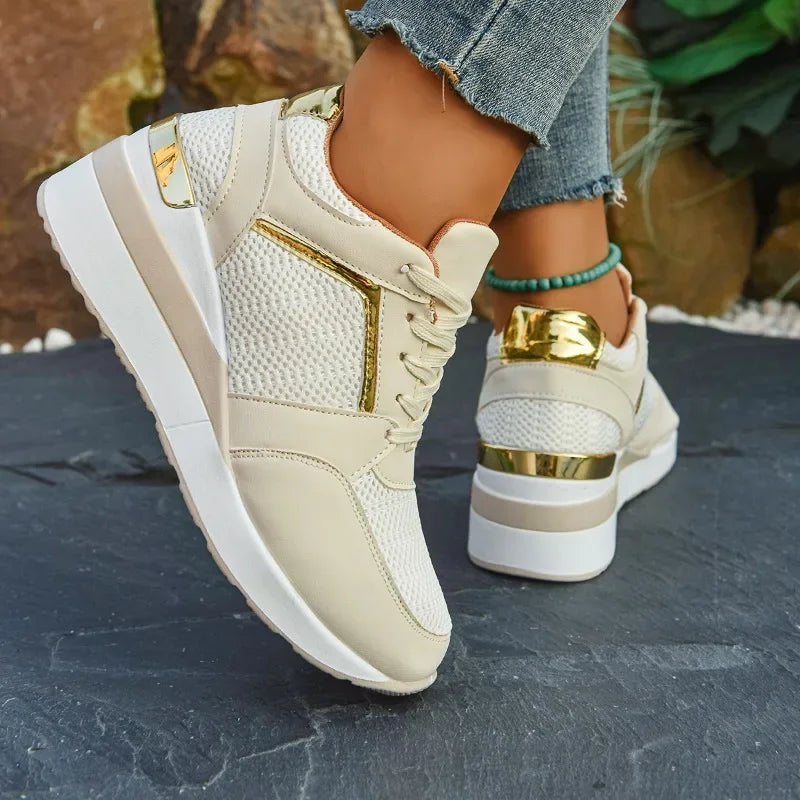 Women's luxury rhinestone sneakers by Showlu Fashion, casual lace-up sports shoes with thick non-slip soles and stylish design.