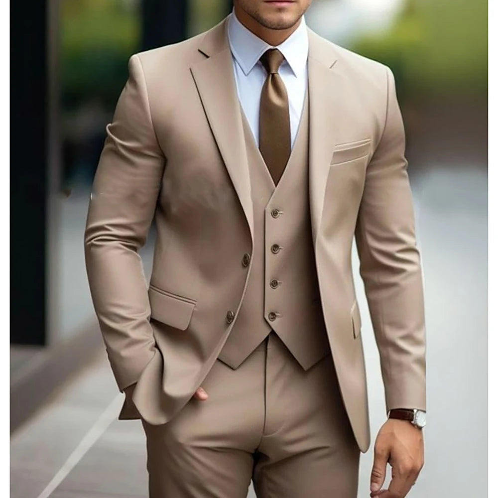 New Khaki Men's Suits 3 Piece Formal Outfits Elegant Blazer Single Breasted Notch Lapel Slim Fit Costume (Jacket+Pants+Vest)