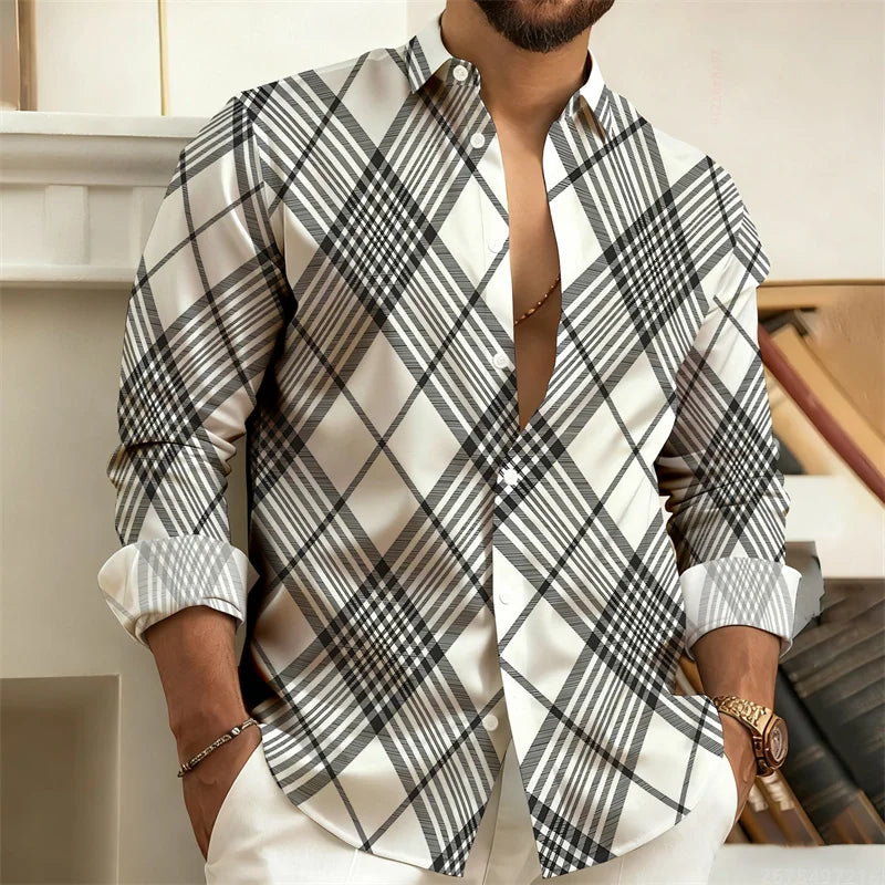 Men's plaid long-sleeved casual shirt from Showlu Fashion Store, stylish and comfortable top in various sizes, featuring trendy design.
