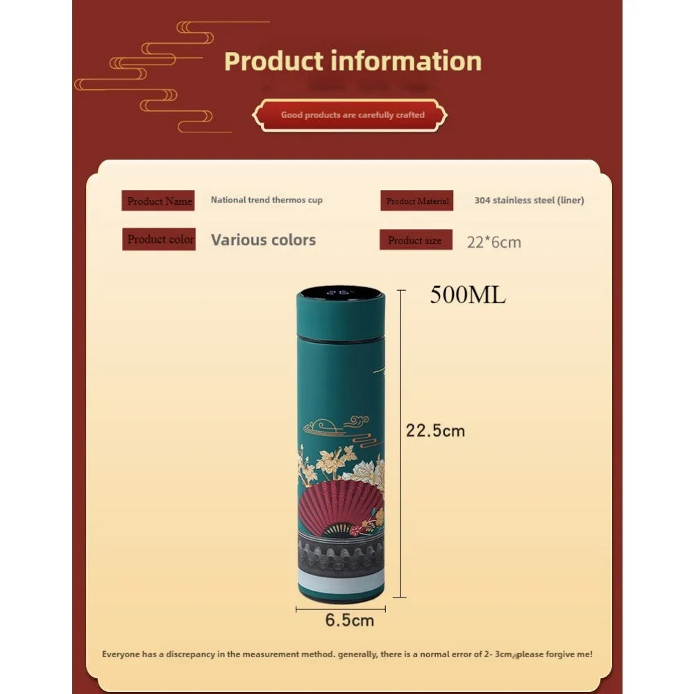 Stainless steel vacuum thermos bottle by Showlu Smart General, showing sleek design and insulated body for hot or cold drinks.