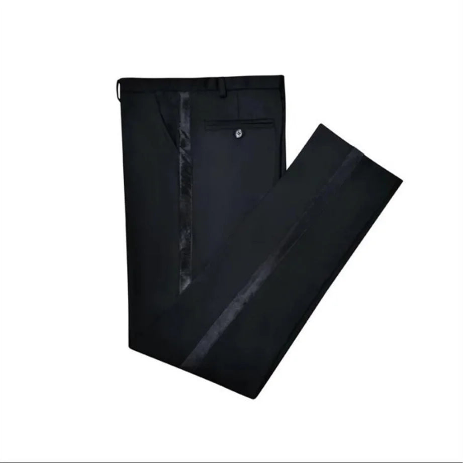 Black men's slim fit formal trousers with side satin stripe, showing the stylish one-piece design and sleek fit for official fashion.
