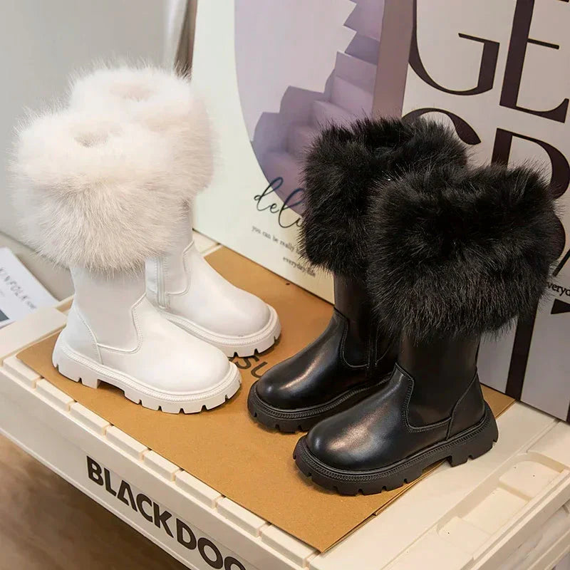 Miniso girls' winter high boots by SHOWLU FASHION STORE, plush fur-lined mid-calf leather shoes with warm insulation.