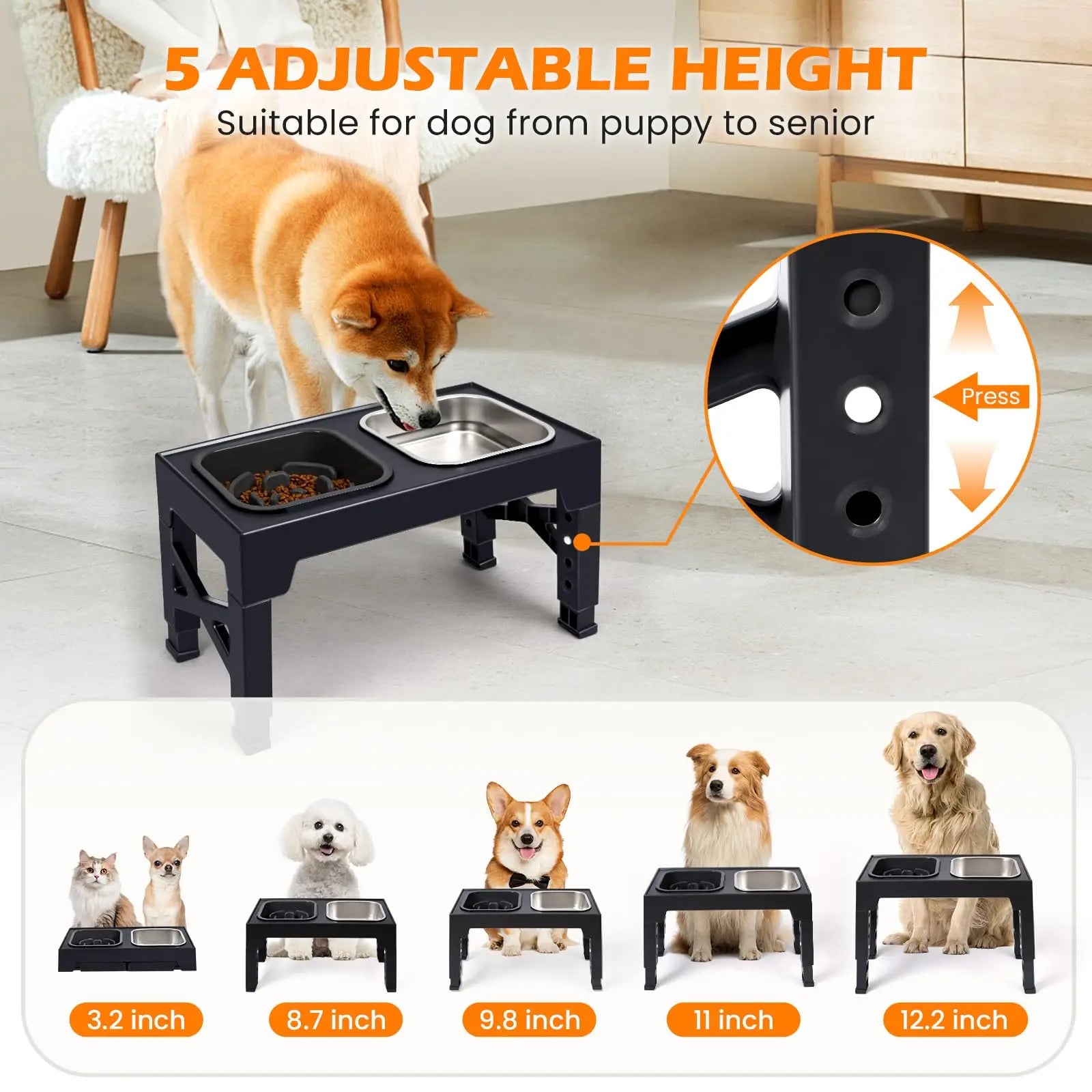 Elevated 2-in-1 slow feeder dog bowls with non-slip stainless steel and plastic, foldable stand for food and water.