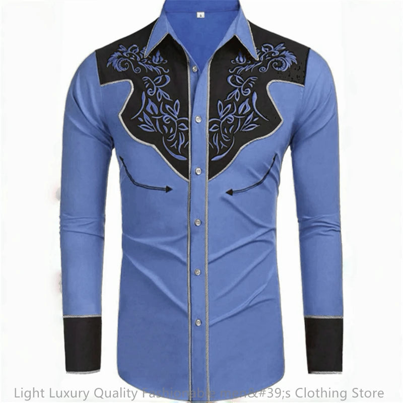 Showlu Fashion men's long-sleeved retro western denim shirt in large size with soft fabric, loose fit, and casual style.