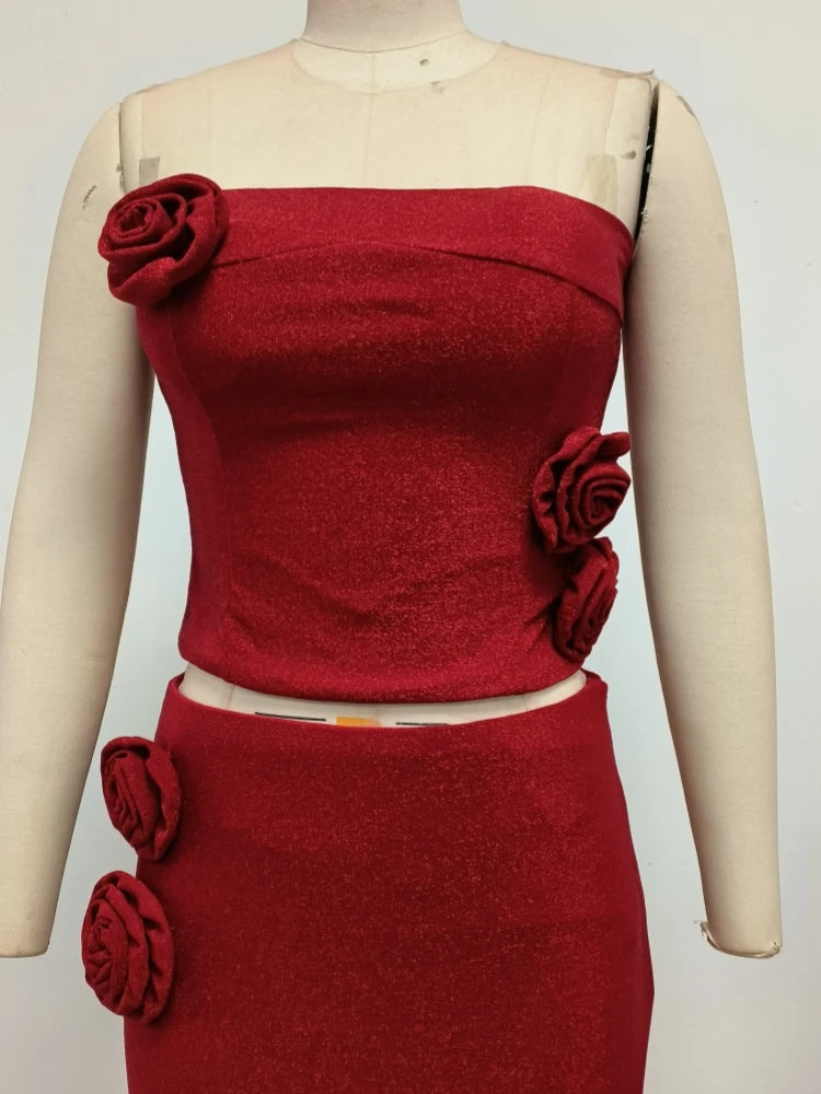 Red strapless corset top and matching maxi skirt two-piece set, stylish Partiee Baleger fashion from My Store.