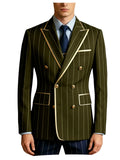 Men's Pinstripe Blazer Double Breasted Gold Trim Slim Fit Suit Jacket Peak Lapel Business Formal Tuxedo Coat for Wedding Prom